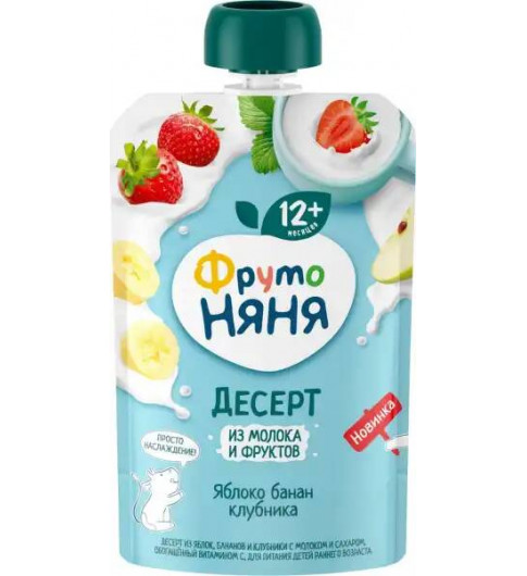 Десерт ФрутоНяня из яблок, бананов и клубники с молоком и сахаром, 90 г