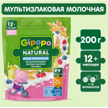Каша Gipopo мультизлаковая яблоко малина черника 200г с 12 месяцев С КУСОЧКАМИ